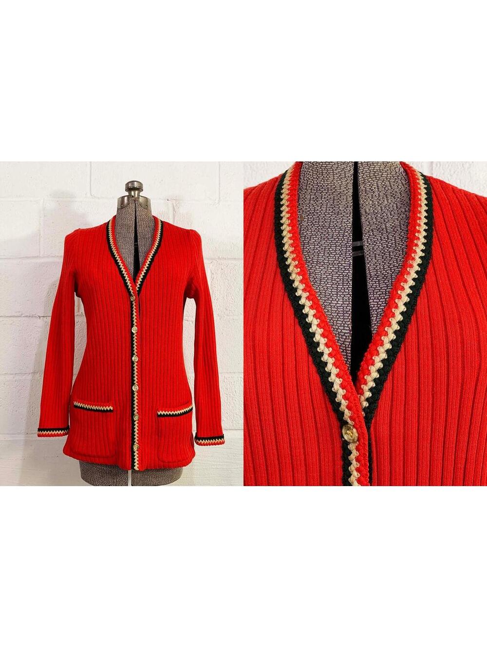 Red Cardigan V Neck Jumper Ribbed Long Sleeve 1960s 1970s Large